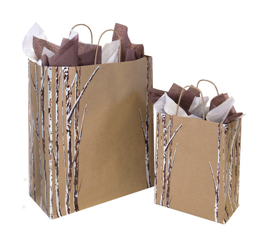 Bags Paper Print:  White River Birch / Aspen Collection.  Recycled Kraft Shopping Bags with Our Aspen Forest Print. Offered in Two Sizes.