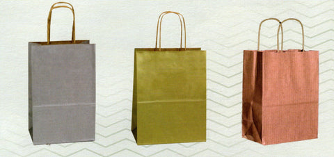 Bags Paper: Colors Single Size Shopper  5" x 3" x 8"  Offered in Metallic Tints .   SILVER / GOLD / COPPER