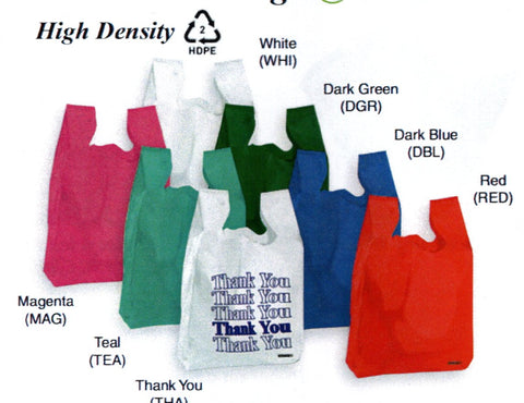 BAGS POLY: Poly PREMIUM T Shirt Bags. 6 Solid Colors plus Traditional "Thank You".  Great Value, Great Look for Inexpensive Store Goods.  .07 - .08 cents ea.