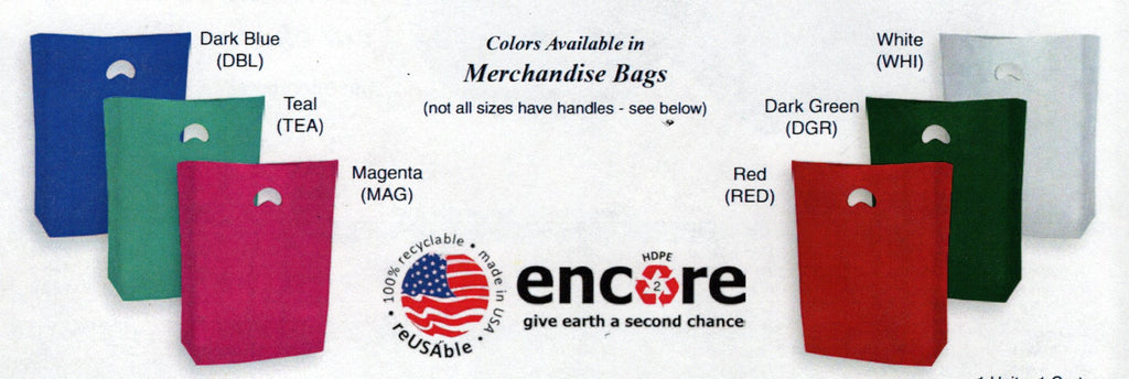BAGS POLY: Poly High-Density Economy Bags .55 mil. Film Offered in Six Colors. Affordable and Strong. Die Cut Handle. Many Sizes.