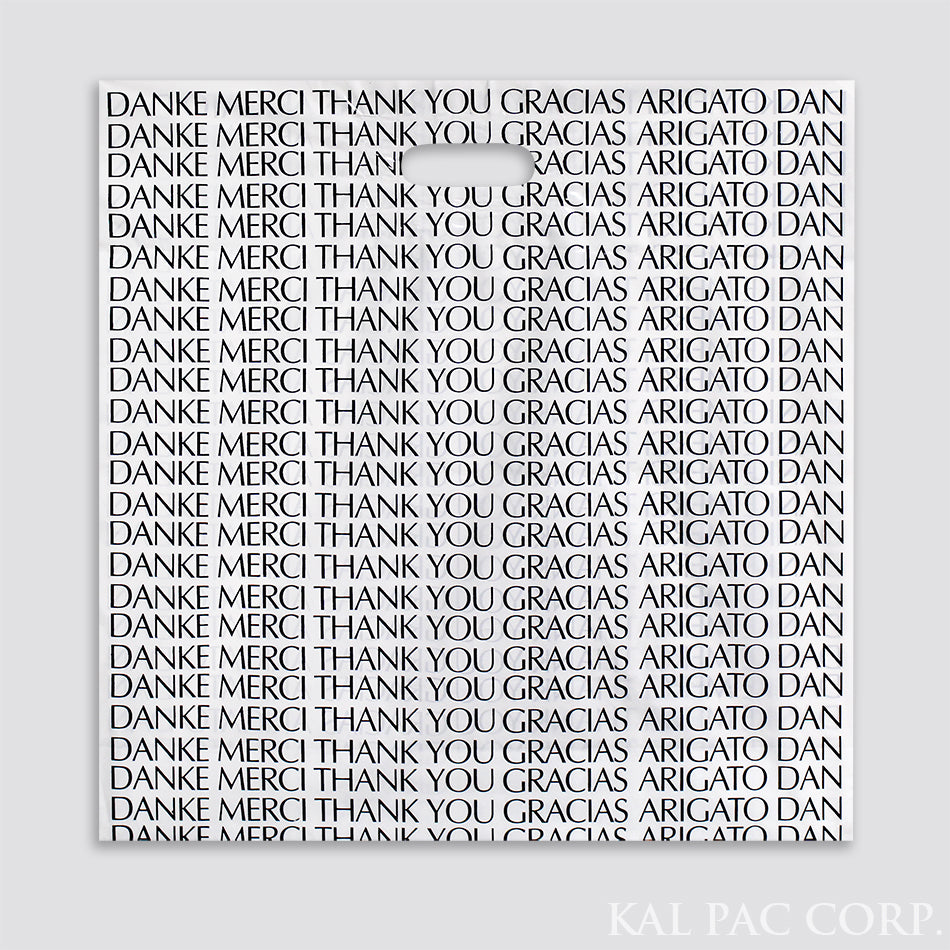 BAGS POLY: Poly Designer "Thank You" Patch Handle Bags. Reinforced Handle for Strength Yet Inexpensive. Designer "Thank You" Print.  Two Sizes. Popular / 15 x 18 x 4 (.16 ea) / 20 x 20 x 5 (. 19 ea.) 500 per case