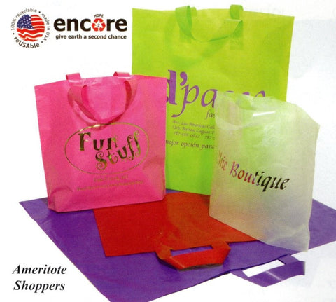 BAGS POLY: Poly  2.25 MIL OR HEAVIER SOFT LOOP HANDLE SHOPPERS. OFFERED IN FIVE COLORS. CLASSIFIED REUSABLE IN SOME CITIES!