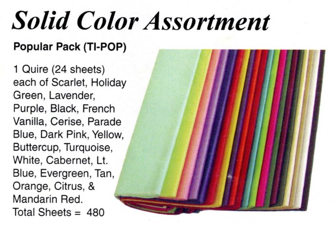 Satin Wrap Tissue: Solid Color Assortment.  Our Last 6 Months Most Popular Colors.   24 Sheets each of 20 Colors.