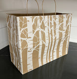 Bags Paper Print:  Designer Aspen / White River Birch Collection.   Natural Recycled Kraft Shoppers. Offered in Two Popular Sizes 8 x 4.75 x 10.25 and 16 x 6 x 12.