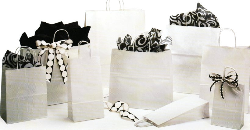 Bags Paper:  Kraft Paper Shopping Bags. Very Popular Recycled Content White Kraft.  8 Popular Sizes. MADE IN U.S.A. Only $15.00 Total Shipping Charge For Multiple Cases!