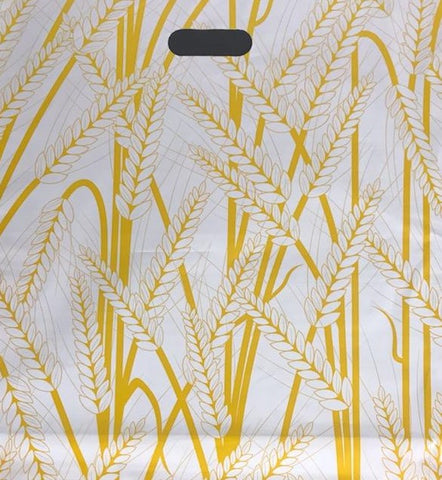 BAGS POLY: Poly Designer Print Wheat Bags. American Made Die Cut Handle White Bags with Waving Golden Wheat Field on Two Sides. Offered in Two Sizes. 12 x 15 pk. 500 and 16 x 18 x 4 pk. 500.
